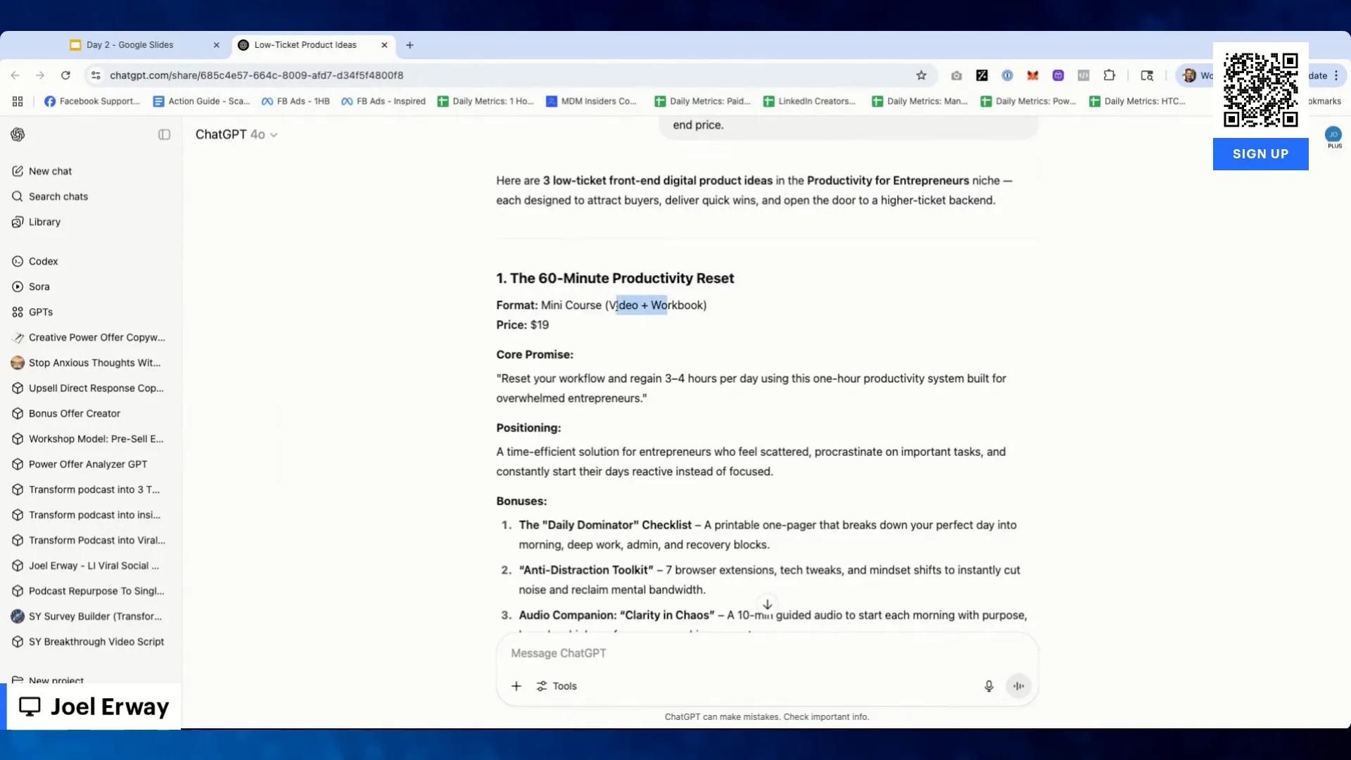 AI-generated offer ideas for productivity niche