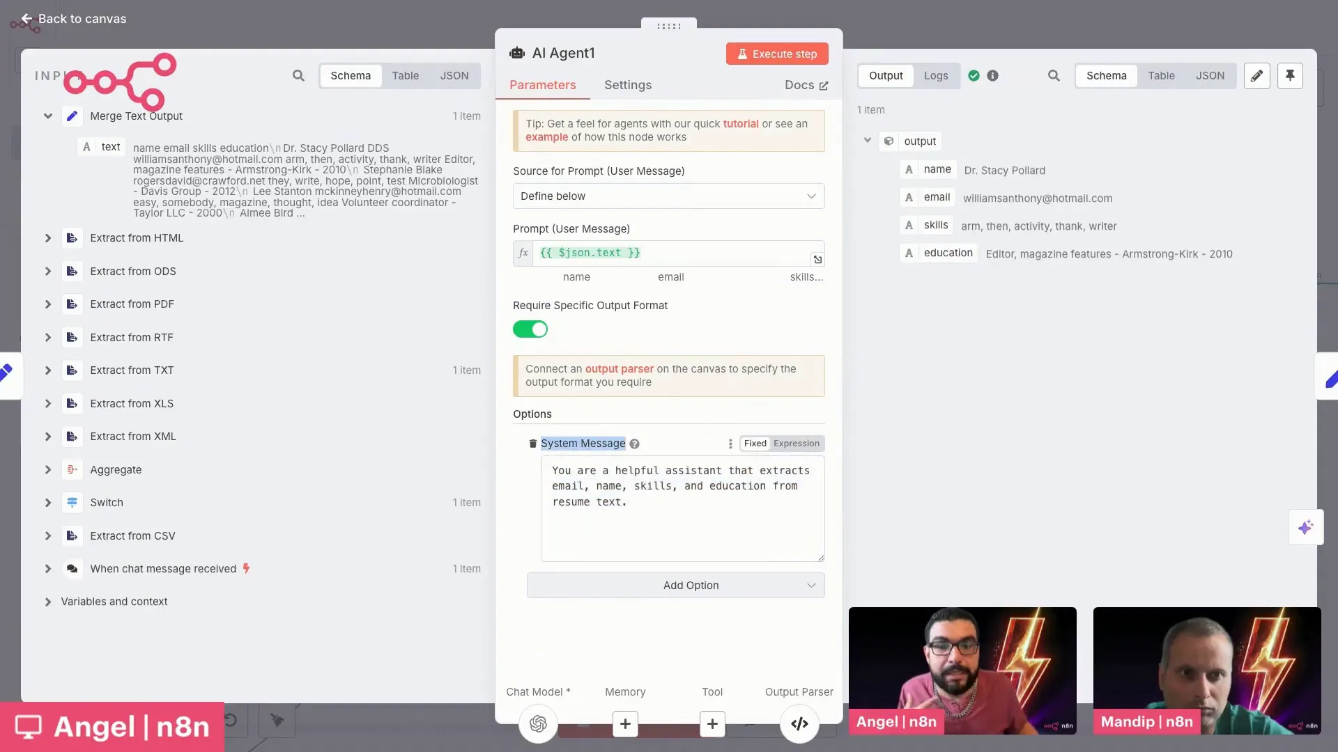 N8N AI Agent node setup with system and user messages