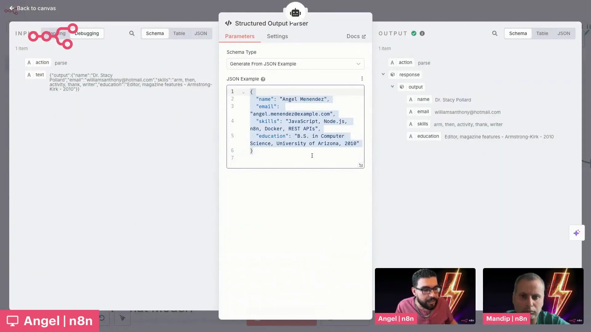 N8N output parser configuration defining structured fields