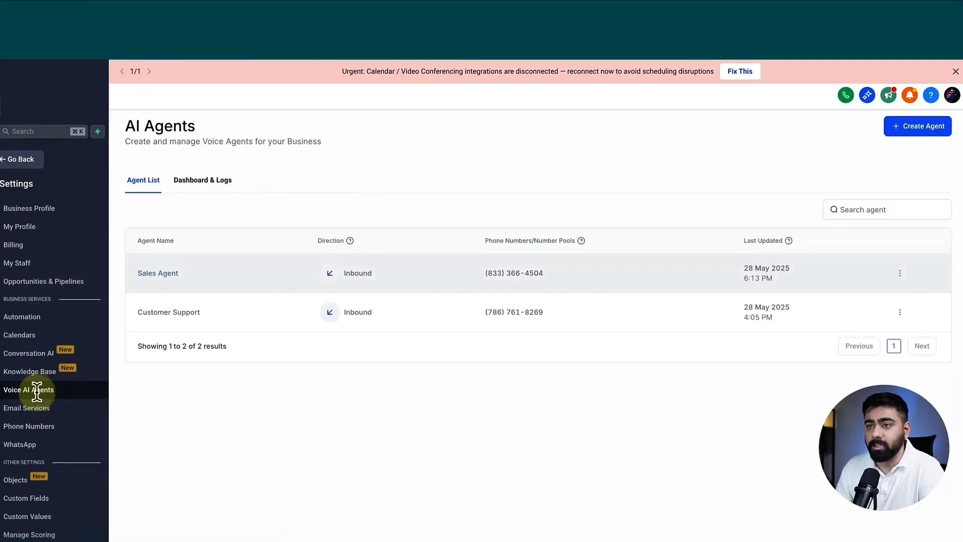 Dashboard showing setup of custom-trained AI agents in SaaS plan