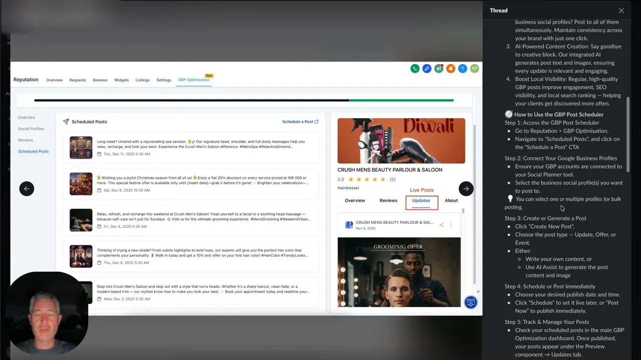 High?clarity GFunnel scheduling interface showing a list of scheduled posts, a 'Schedule a Post' link, and business profile preview.