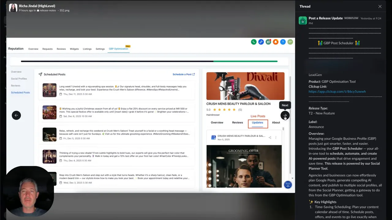 High-clarity GFunnel scheduling interface showing a populated list of scheduled posts, a business listing preview, and a thread/notes panel at right.