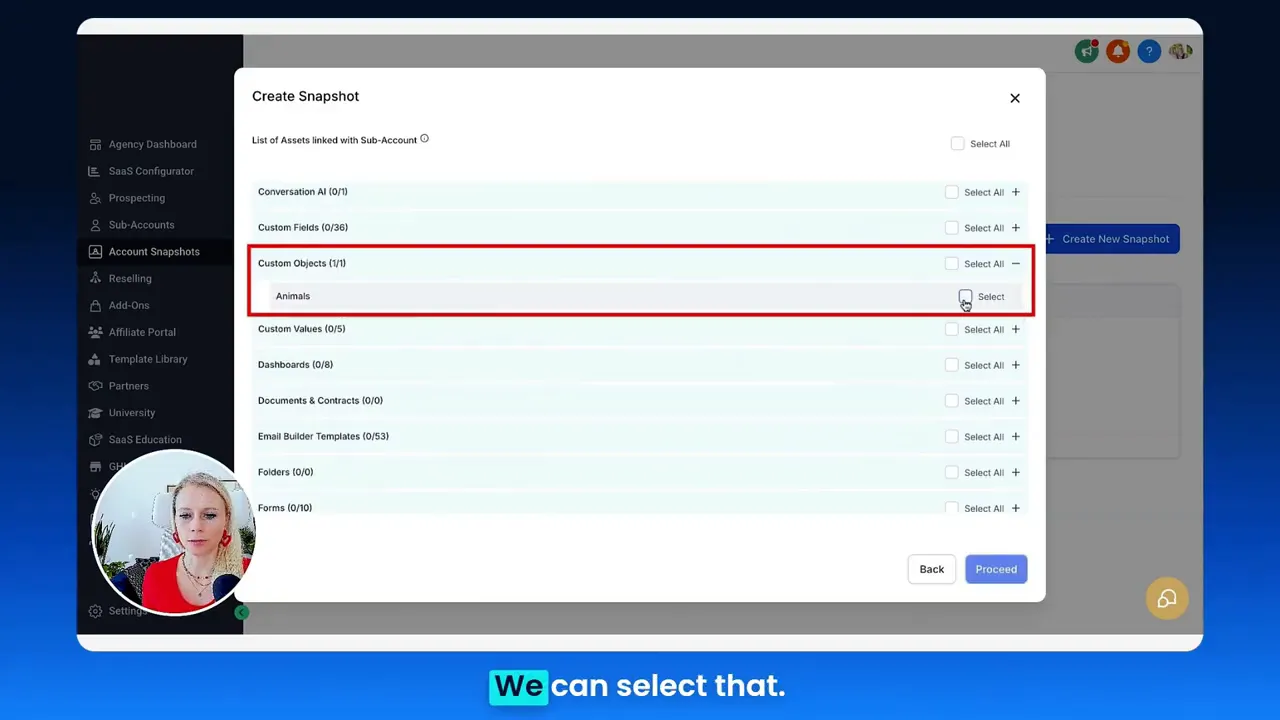 Snapshot dropdown showing 'animals' custom object selection in account snapshot creation