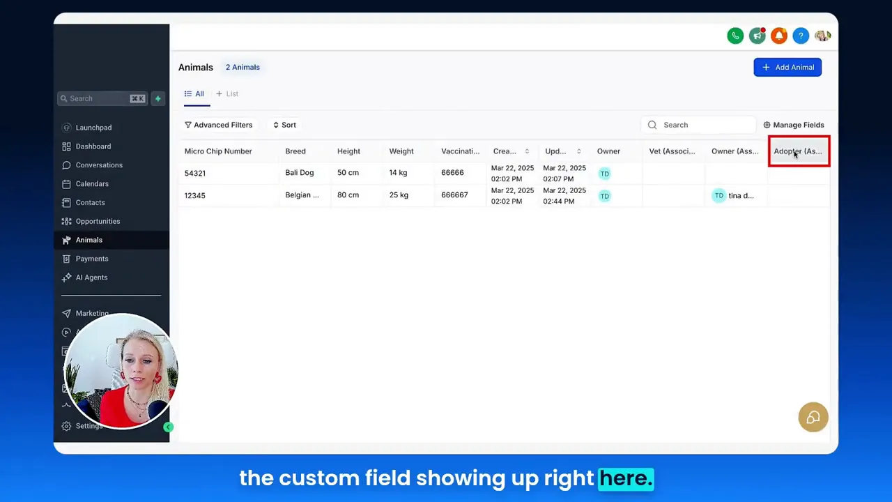 Applying association checkbox to show adopter custom field in the list of fields