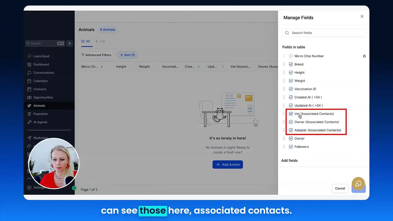Imported custom object list displaying associated contact fields such as owner and adopter