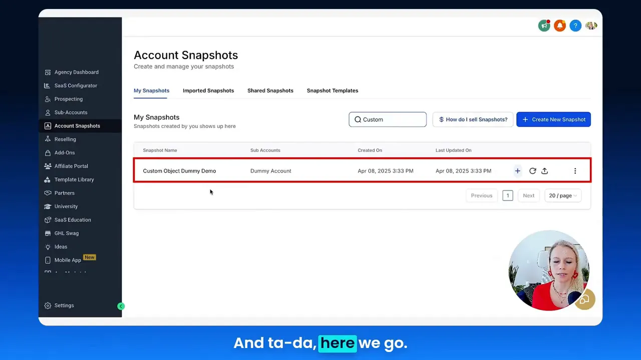 Snapshot creation success notification confirming snapshot created
