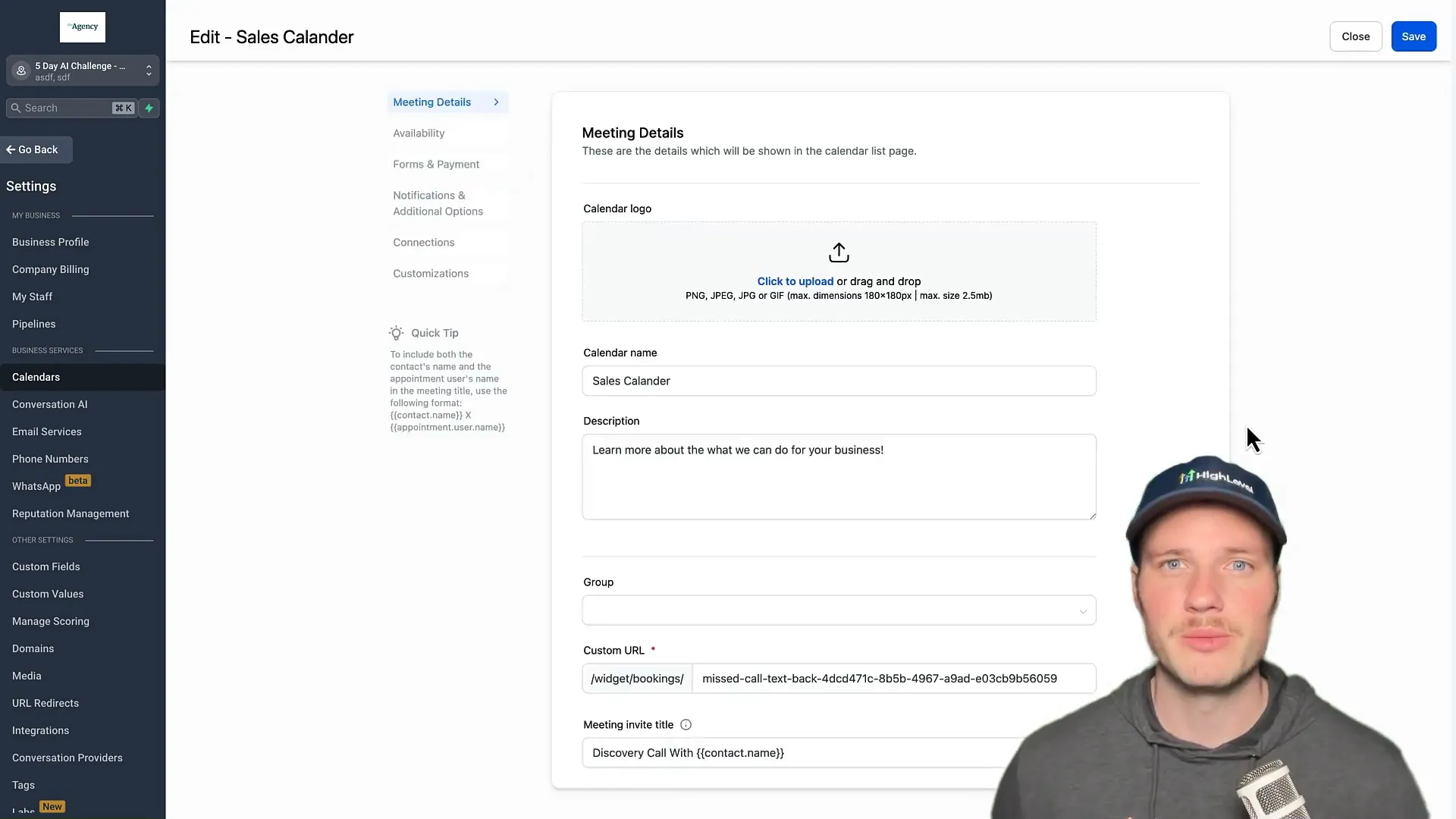 Editing calendar settings in GFunnel