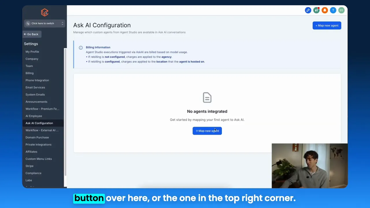 Ask AI Configuration dashboard showing 'No agents integrated' and a 'Map new agent' button