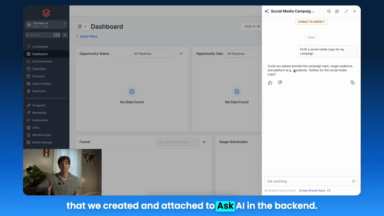 Ask AI asking for campaign topic, target audience and platform inside the GFunnel dashboard