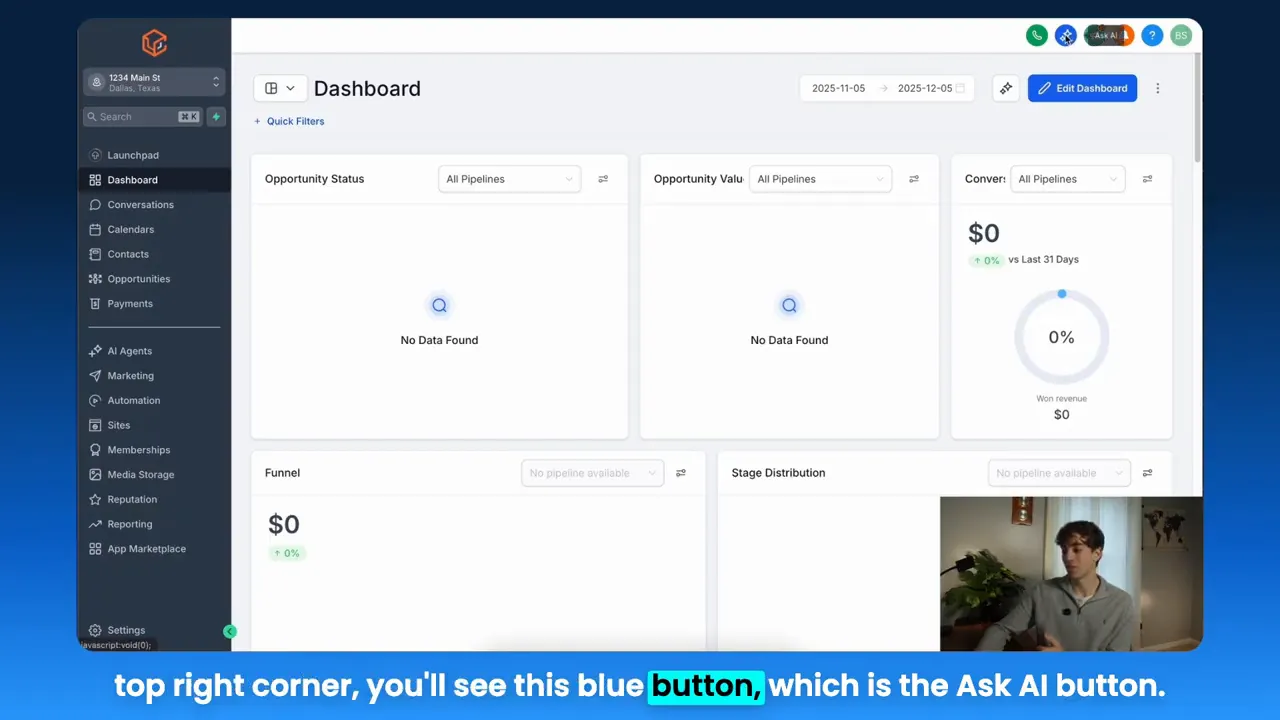 GFunnel dashboard view showing opportunity status, funnel panels and conversion widgets on a desktop UI