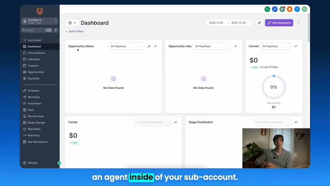 GFunnel dashboard showing opportunity status, funnel revenue and conversion widgets