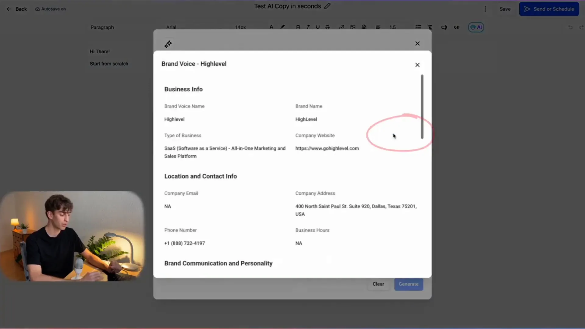 Brand voice customization interface in GFunnel