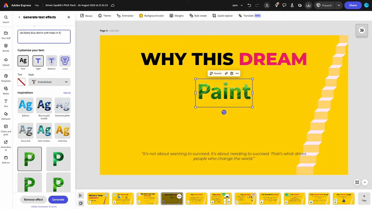 Demo of GFunnel's image and text generation tools for pitch decks