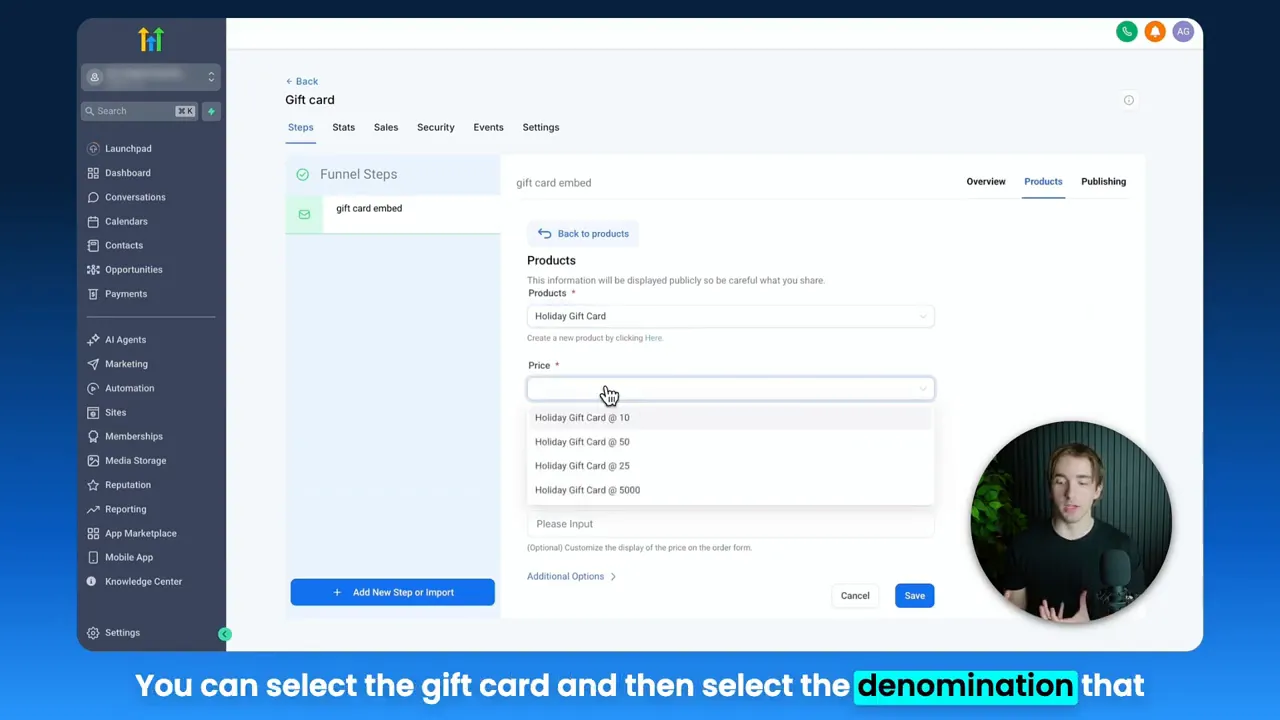 GFunnel Checkout: Dropdown zur Auswahl des Gutscheinbetrags mit mehreren Preisoptionen