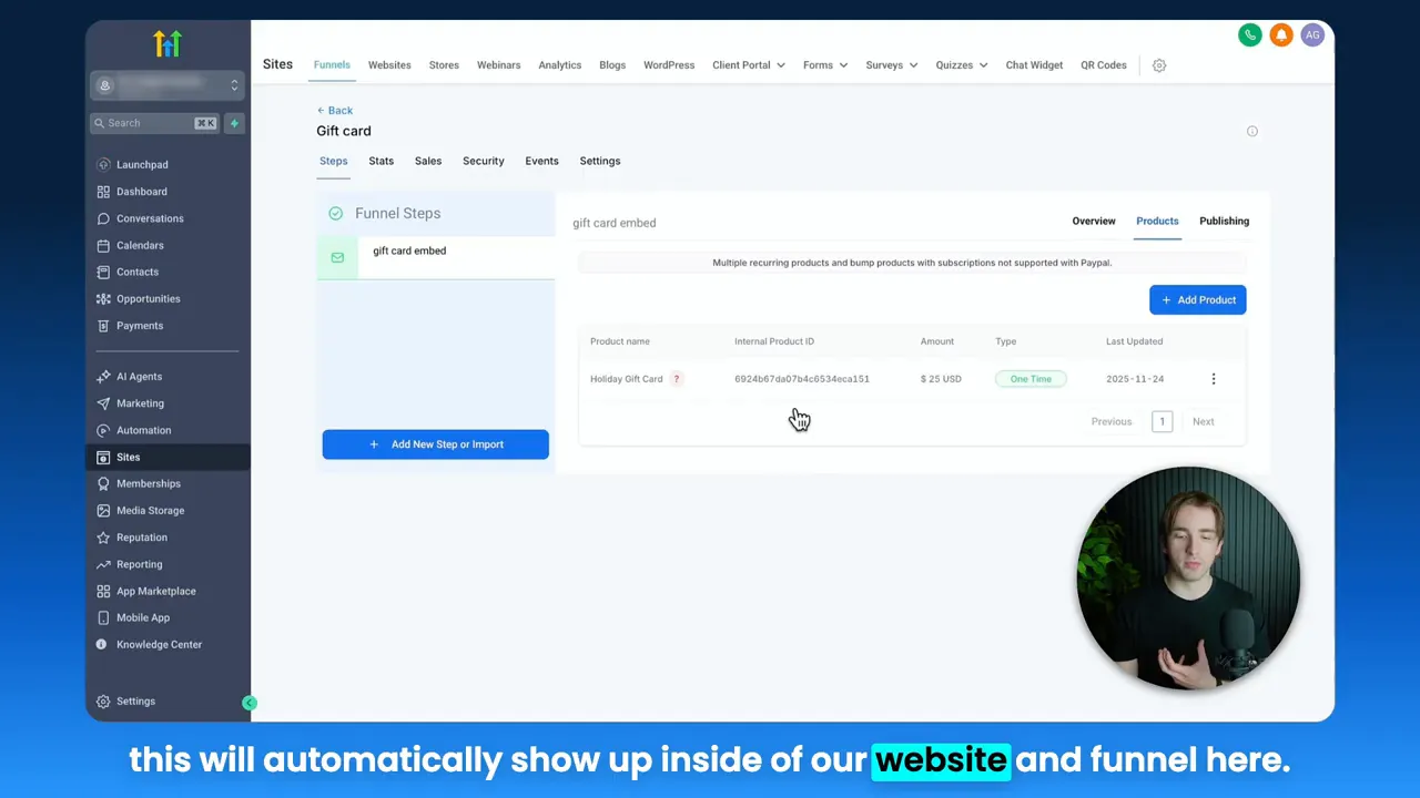 GFunnel Dashboard mit Geschenk?Gutschein Produktübersicht und Funnel?Steps