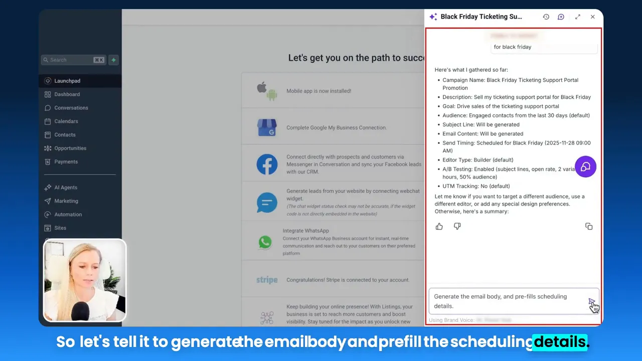 GFunnel AI assistant sidebar summarizing an email campaign with a 'Generate the email body, and pre-fills scheduling details' command visible