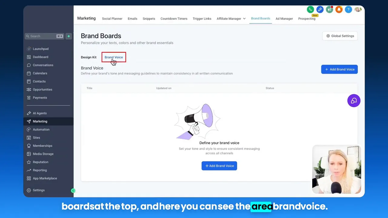 GFunnel 'Brand Boards' screen with 'Brand Voice' highlighted and navigation visible.
