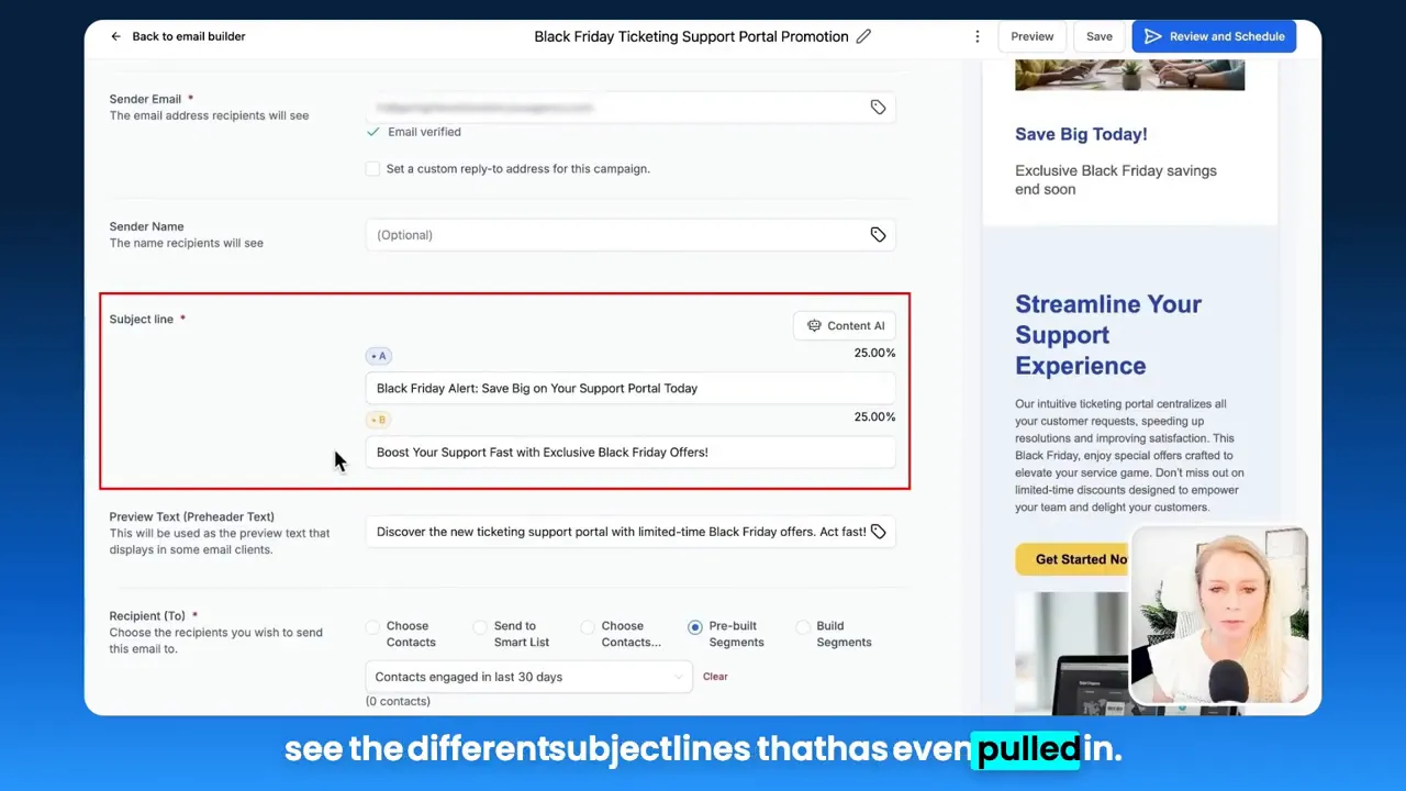 Clear screenshot of GFunnel email builder showing two subject line variations in a highlighted box and the content AI indicator