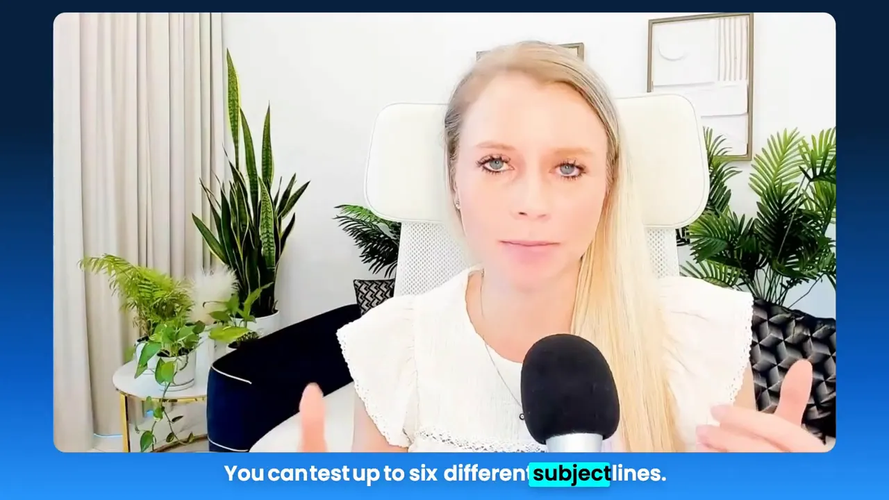 Presenter framed at a desk microphone with on-screen subtitle 'You can test up to six different subjectlines.' — clear, high-quality screenshot showing the presenter and caption.