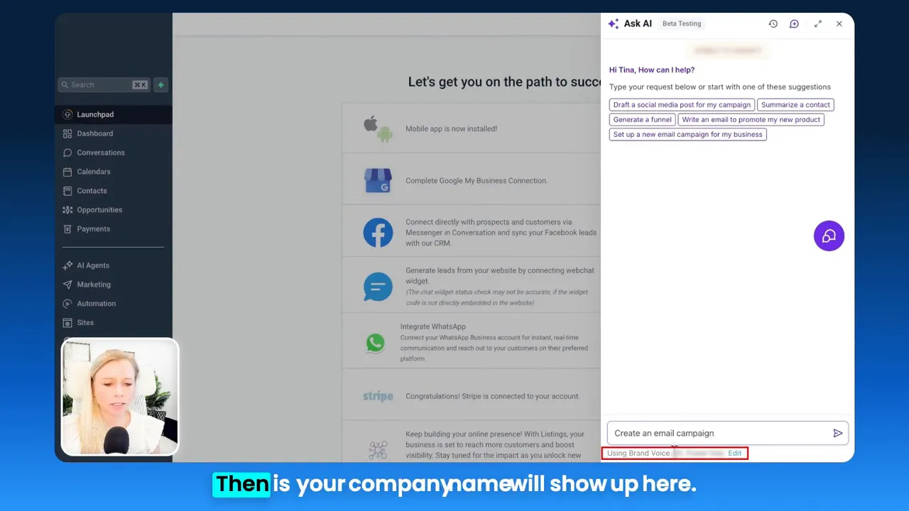 GFunnel Ask AI sidebar showing suggested actions and the input box with 'Create an email campaign'; a footer label 'Using Brand Voice' is visible, linking the AI output to the saved brand voice.