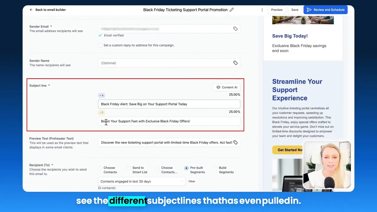 GFunnel email builder showing Content AI with two subject line variants and A/B test preview