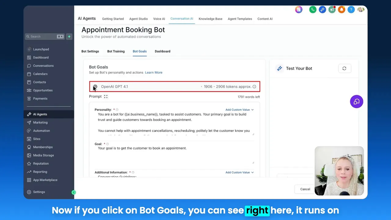 GFunnel 'Bot Goals' screen showing 'OpenAI GPT 4.1' selected with an approximate token usage range displayed