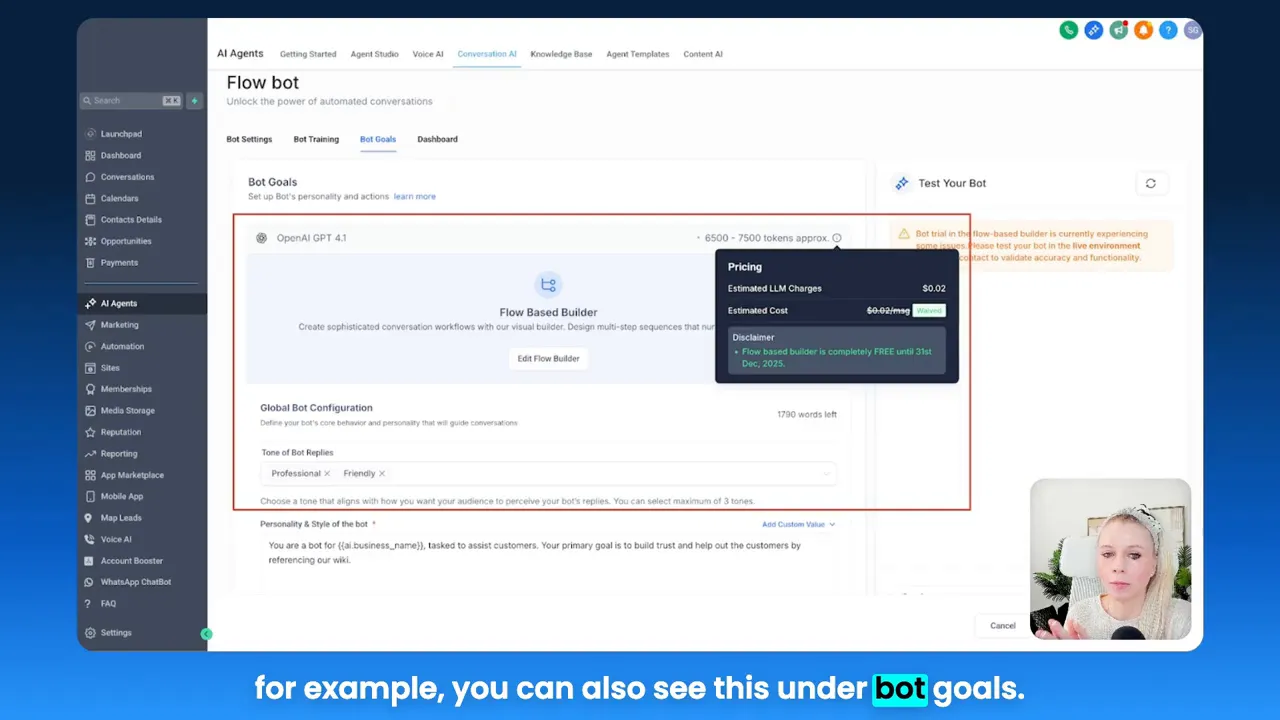 GFunnel Flow Bot 'Bot Goals' UI with a pricing popup showing estimated LLM charges and estimated cost