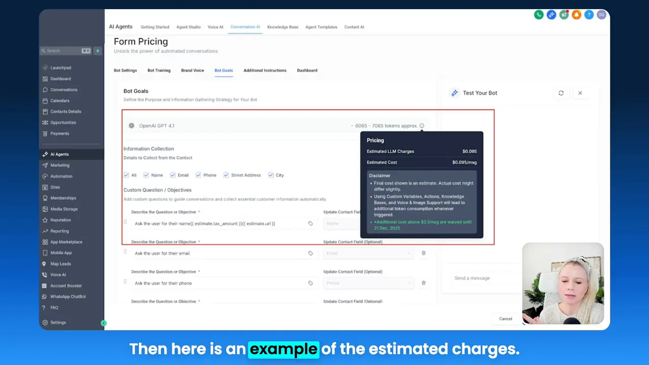 GFunnel Form Pricing page with a highlighted pricing popup showing estimated LLM charges and costs