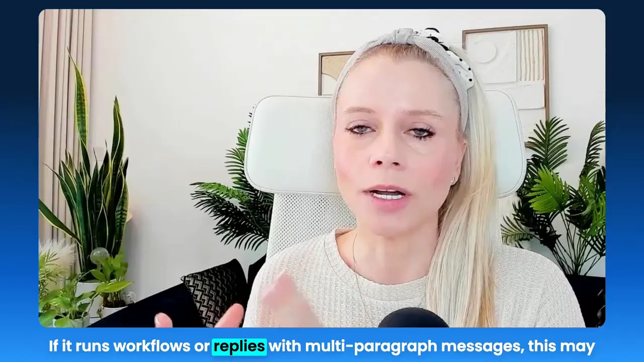 Presenter explaining that multi-paragraph replies and workflows can raise token-based AI costs (on-screen subtitle about 'replies with multi-paragraph messages').