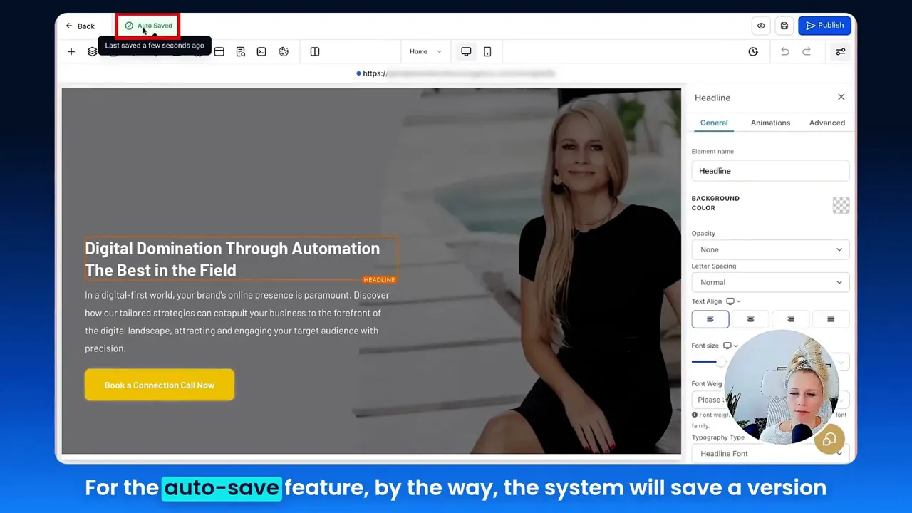 Editor showing 'saving' indicator in top-left while editing a headline