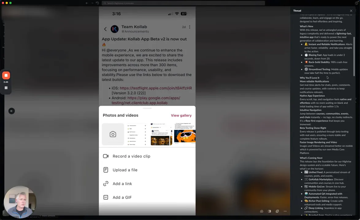 Screenshot illustrating improved navigation and instant chats in the app