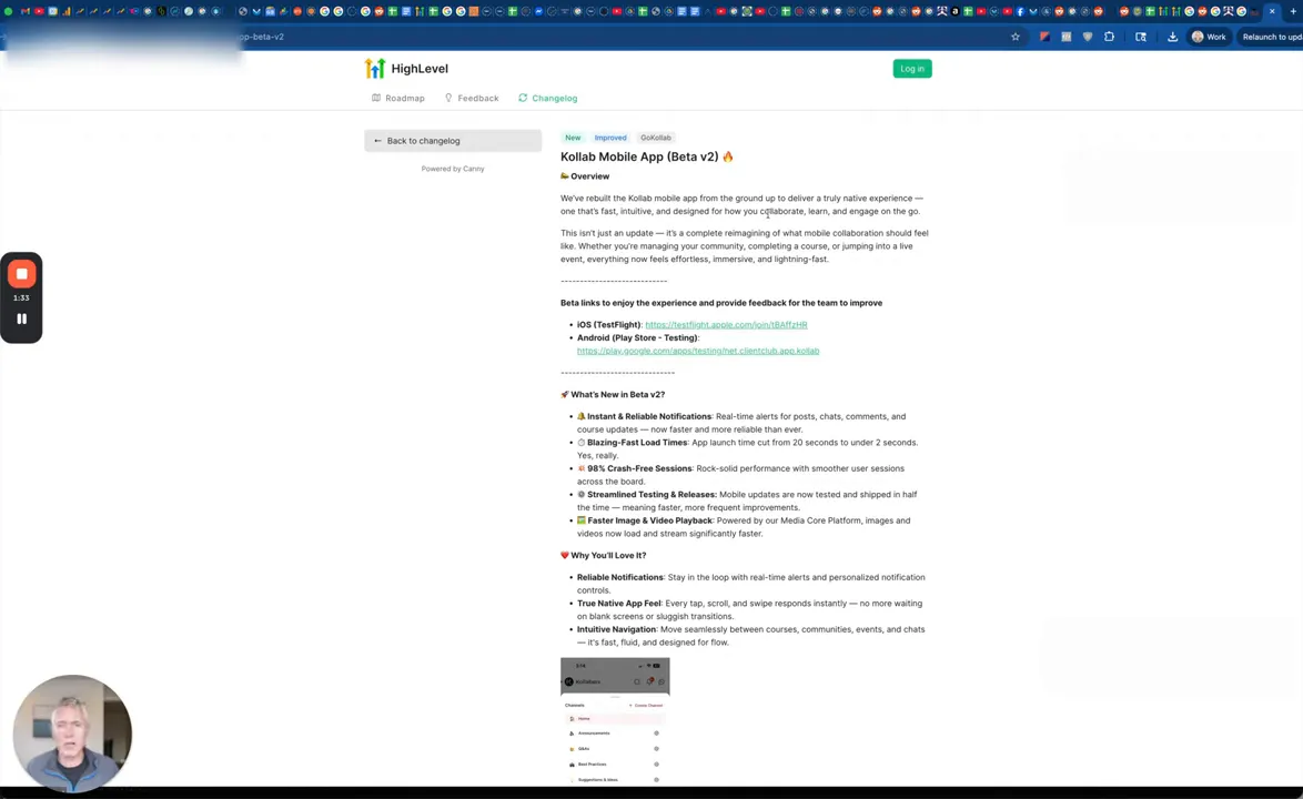 Prompt to check the changelog for beta links and instructions