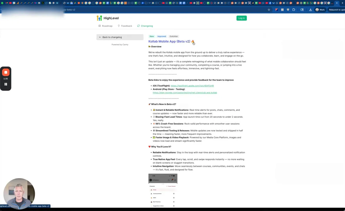 Beta announcement with instruction to check the changelog on ideas.gohighlevel.com