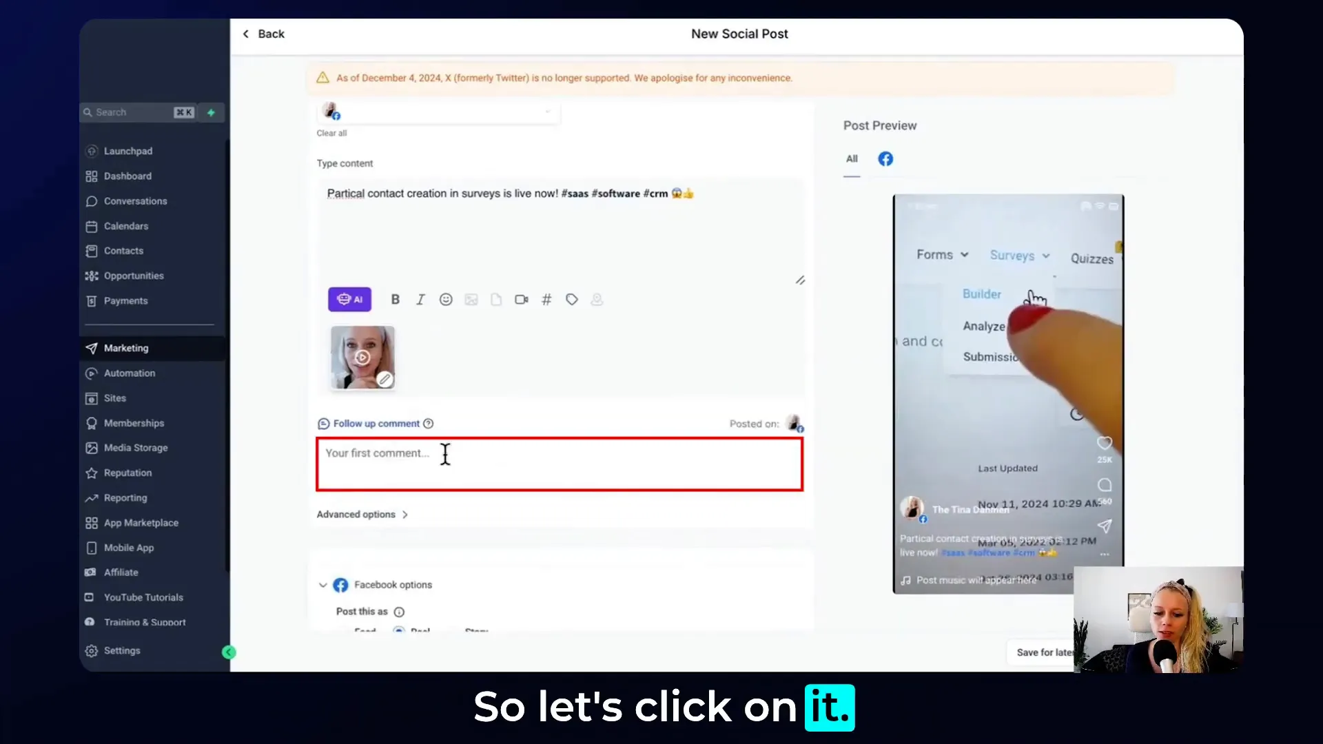 Setting up follow-up comments for Facebook reels in social planner