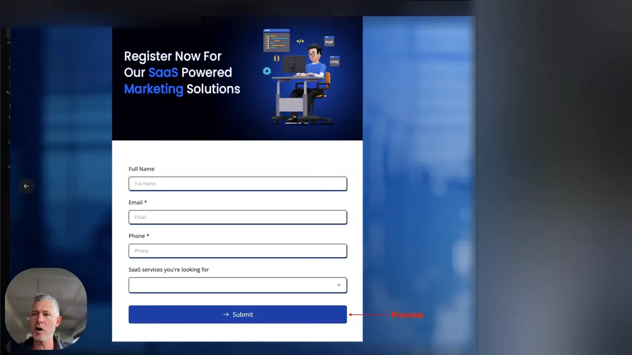 Clear screenshot of a GFunnel registration form with name, email, phone fields and a blue submit button annotated 'Preview'; presenter video overlay at bottom-left.