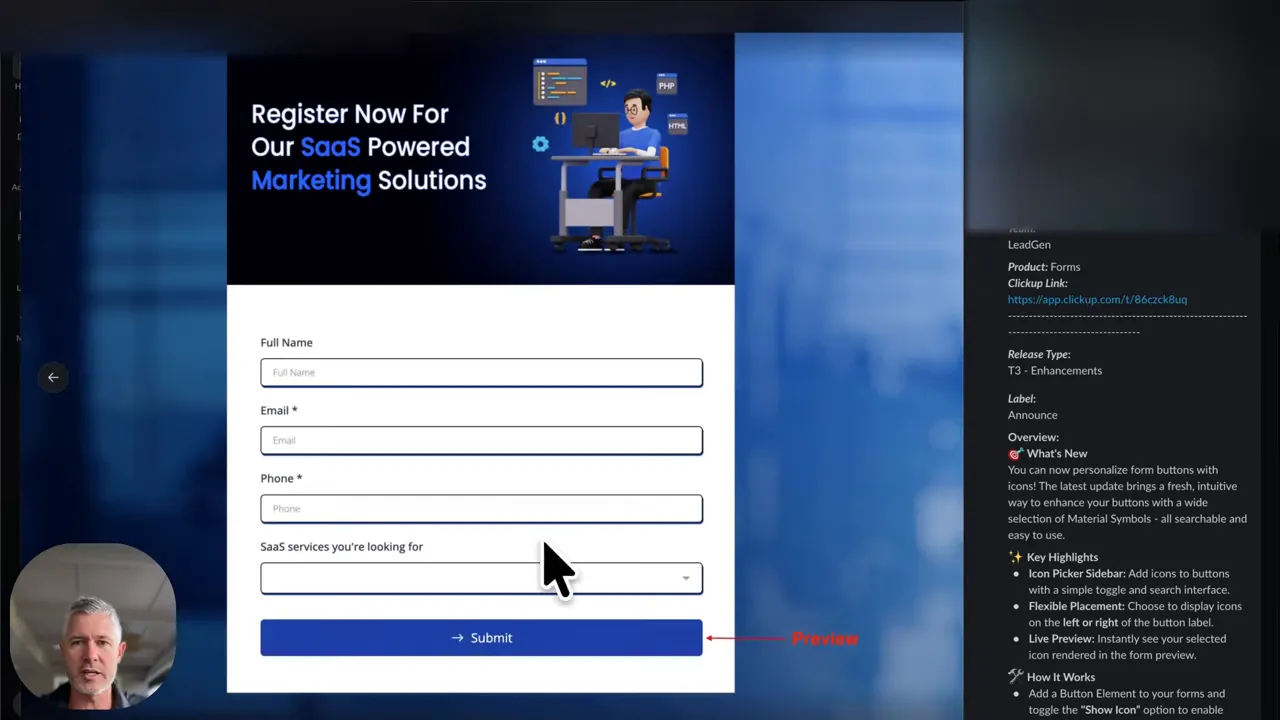 Close-up preview of a GFunnel registration form with input fields and a large blue submit button that includes an arrow icon, plus a cursor pointing at the form.