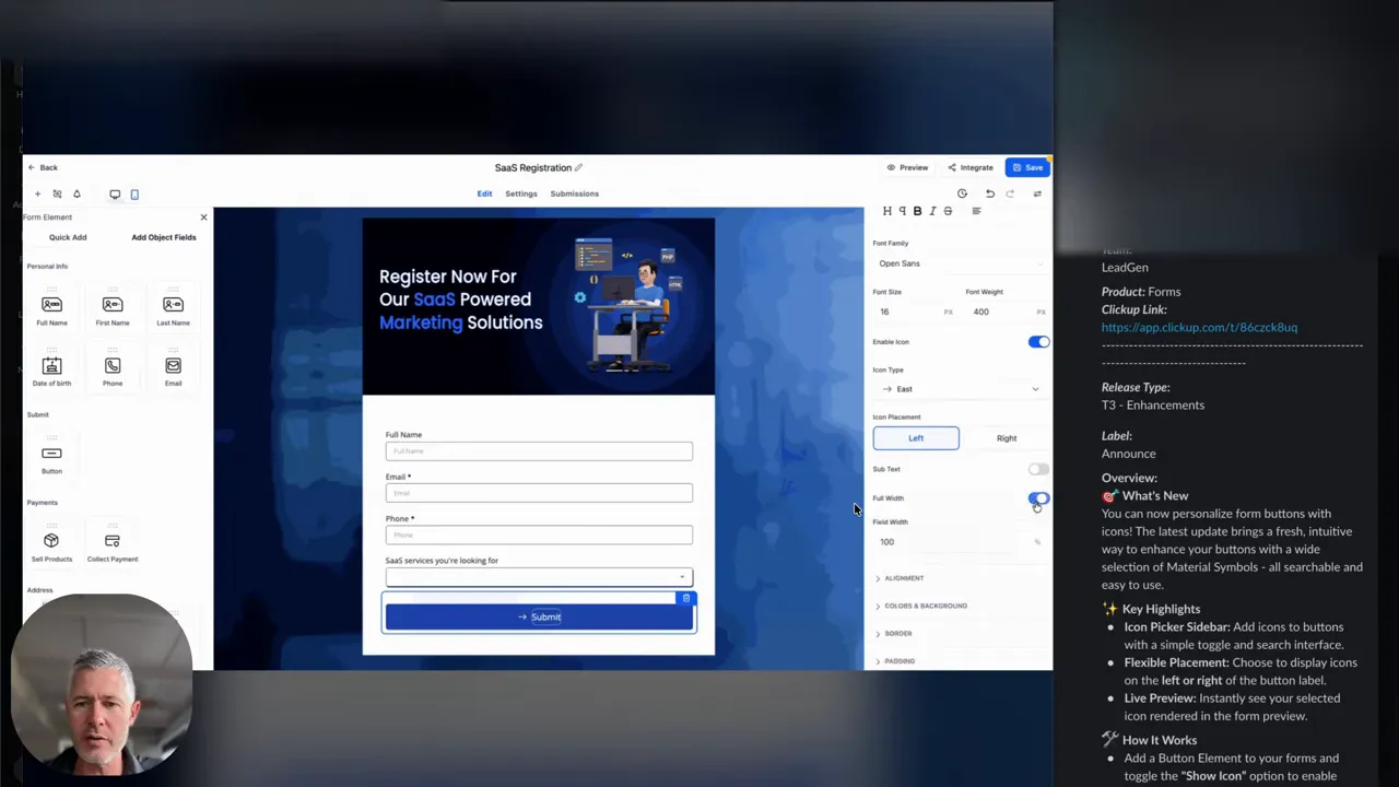 Clear screenshot of GFunnel form builder showing a registration form, field layout, and a prominent blue Submit button with a small presenter video overlay.