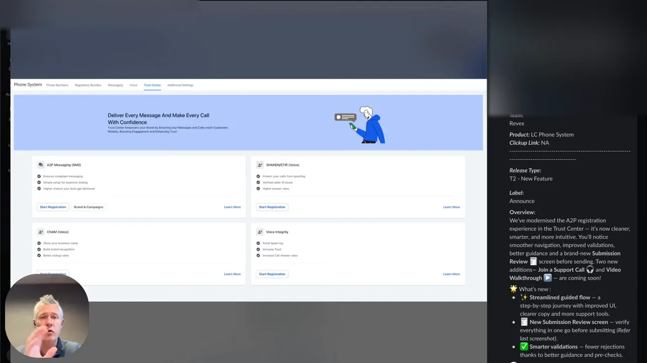 GFunnel Trust Center overview screen with 'Deliver Every Message' header and tiles for A2P messaging, voice integrity, CNAM and related features