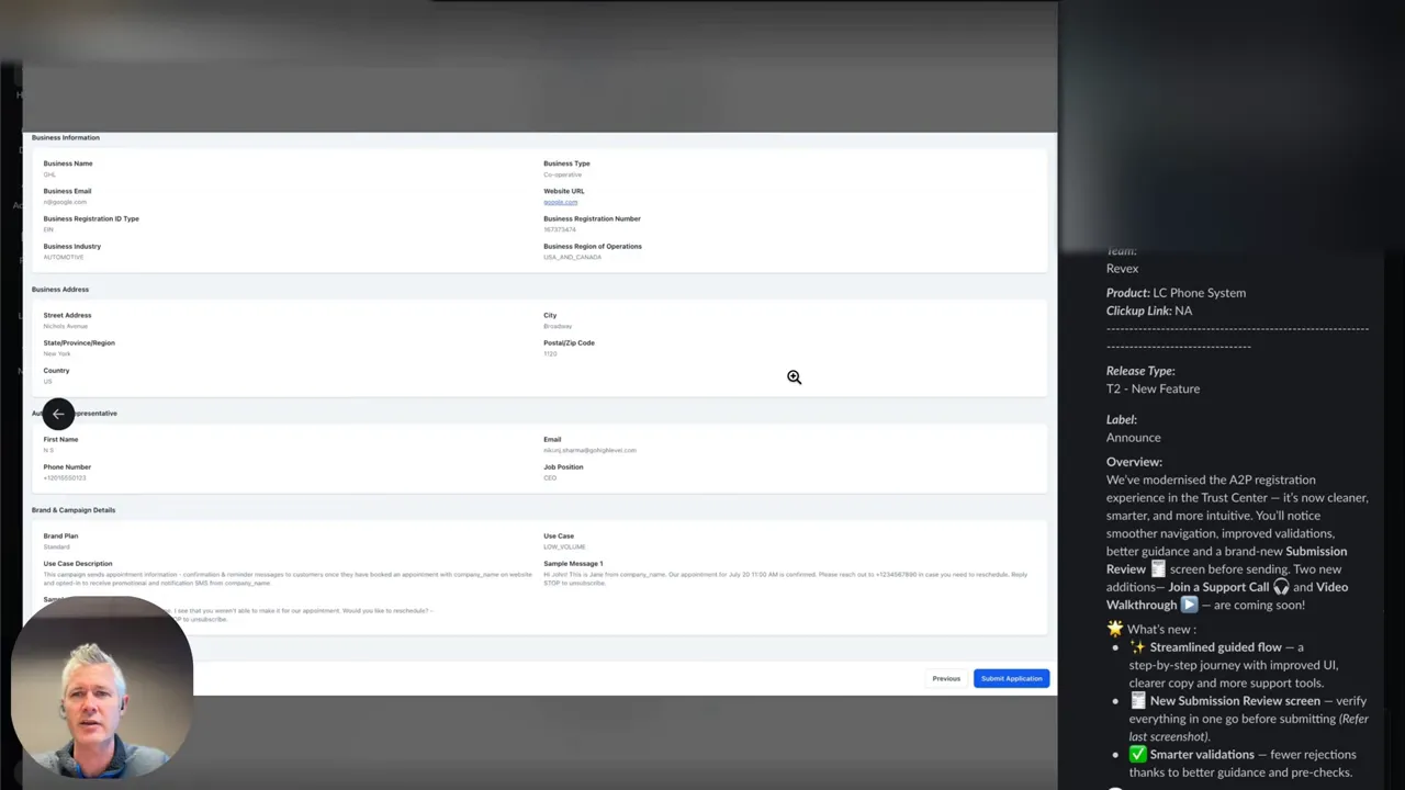 High-quality screenshot of the business information and address form with submit action visible and presenter thumbnail.