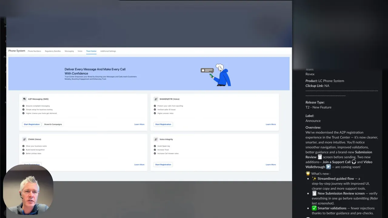 Clear screenshot of GFunnel Trust Center page with a blue hero banner and product panels; small presenter inset in bottom-left.