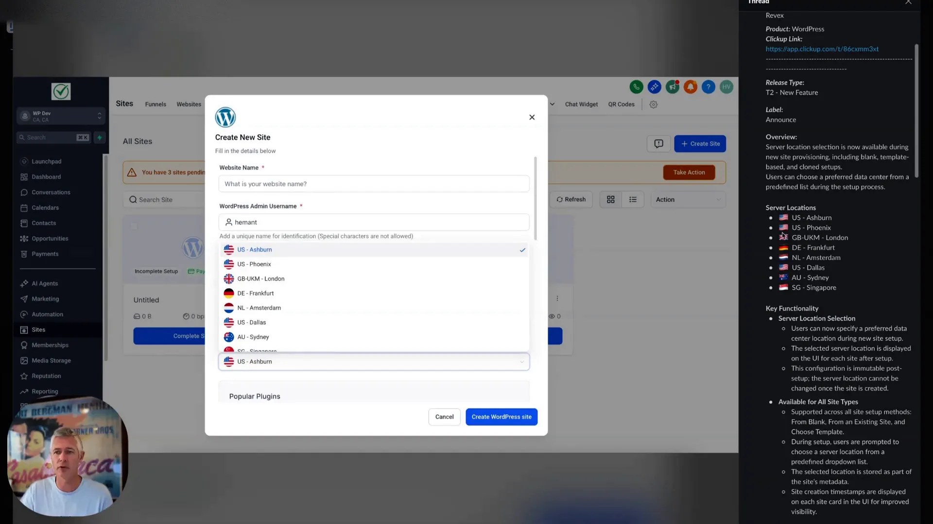 Server location dropdown menu in WordPress site creation