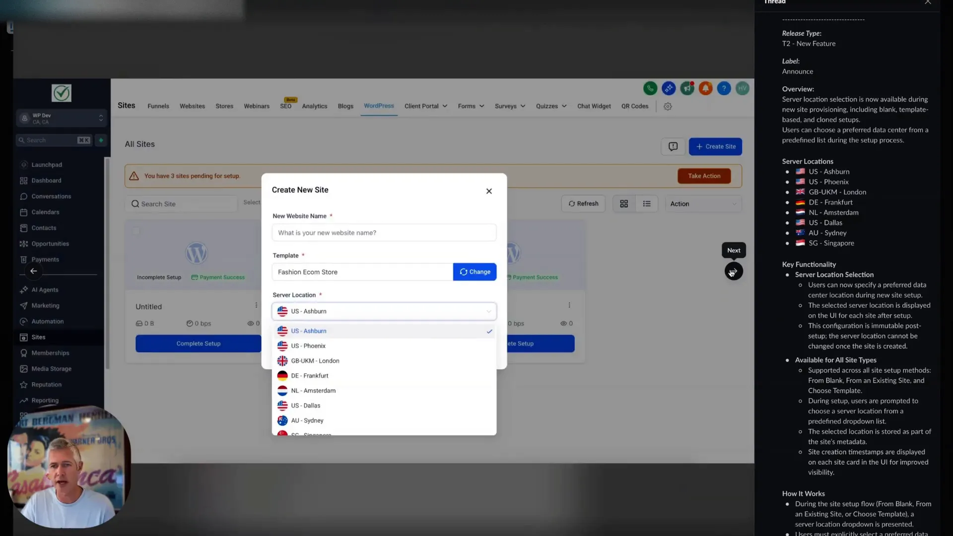 GFunnel dashboard showing server location options during site creation