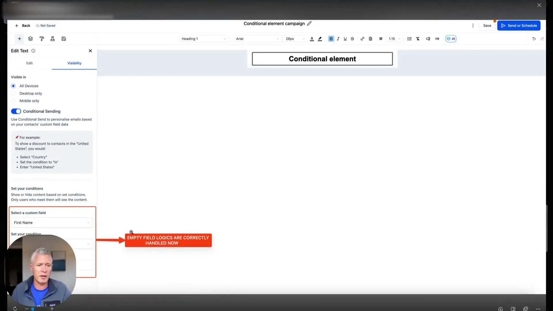 GFunnel email builder showing conditional email elements