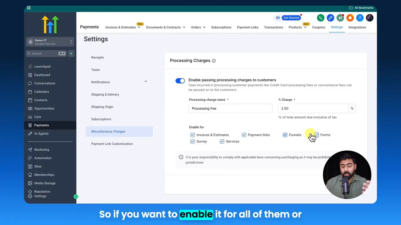 GFunnel payments settings showing processing charges enabled with 2.50% and all asset checkboxes selected