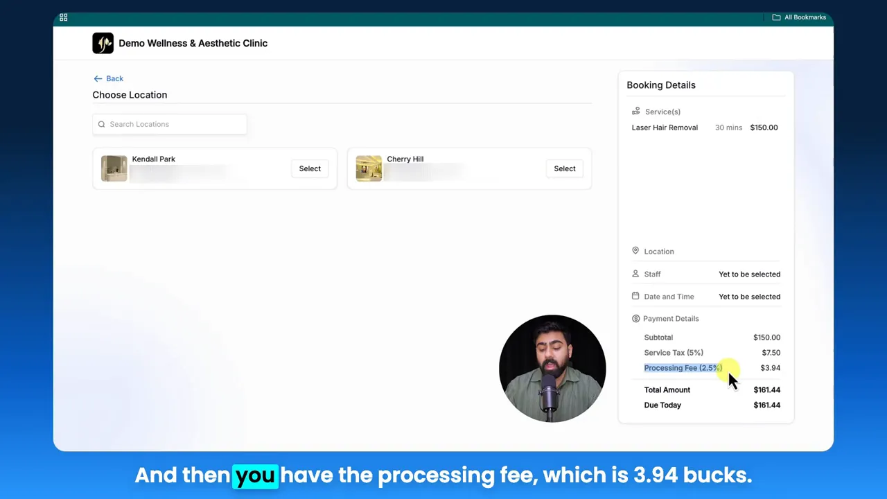 Booking details sidebar highlighting subtotal, service tax (5%), processing fee (2.5%) and total amount on a demo booking page, with pointer over the processing fee.