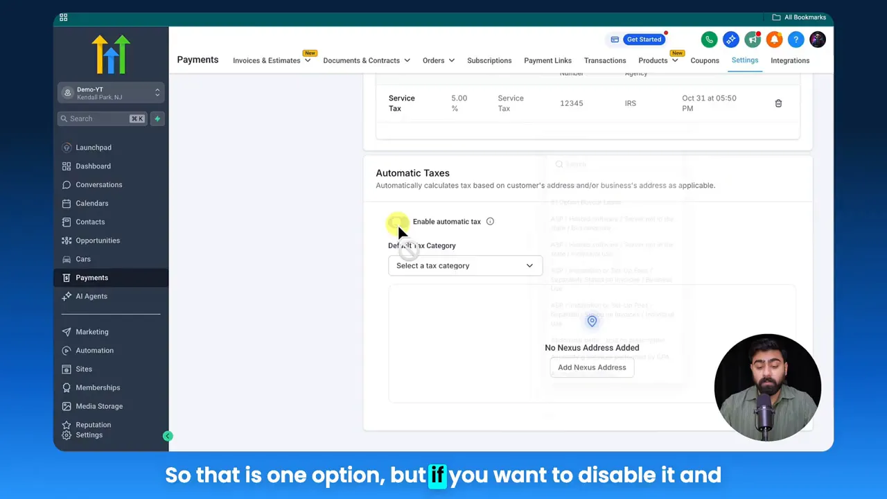 GFunnel payments settings showing the 'Automatic Taxes' section with an 'Enable automatic tax' toggle and default tax category dropdown.