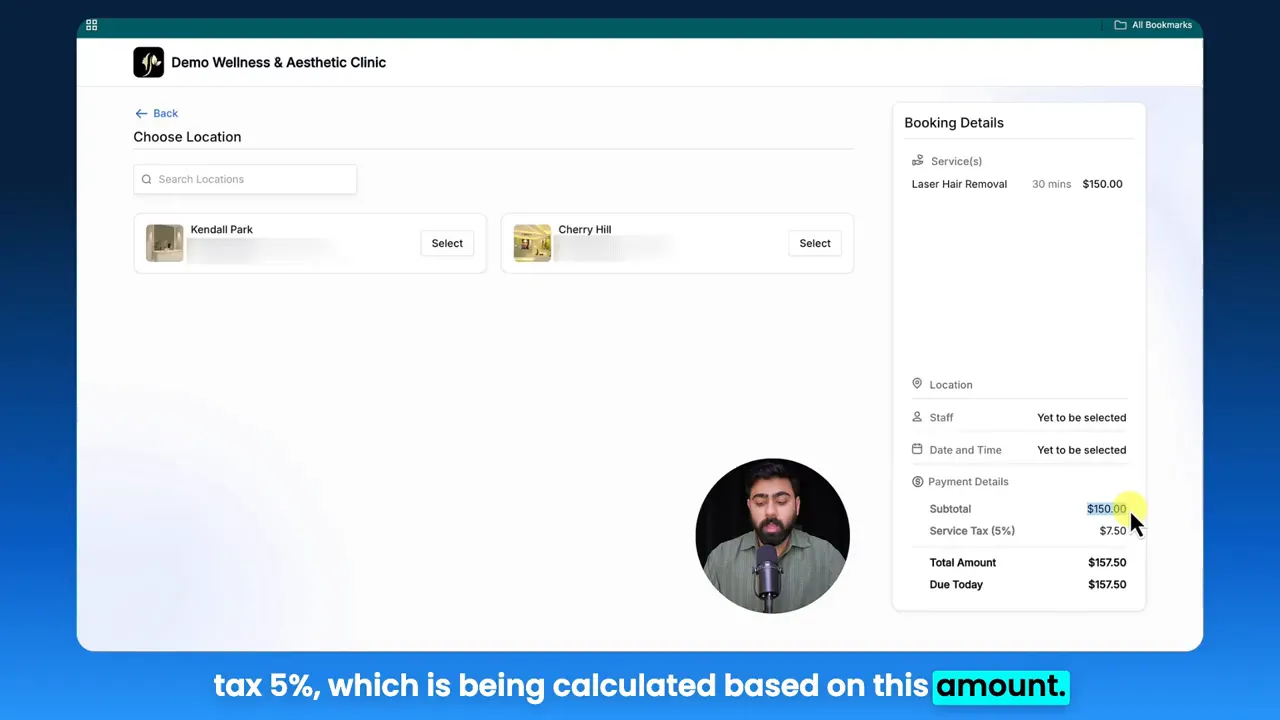 GFunnel booking checkout sidebar with subtotal, service tax (5%), and total amount highlighted and cursor pointing at the price.