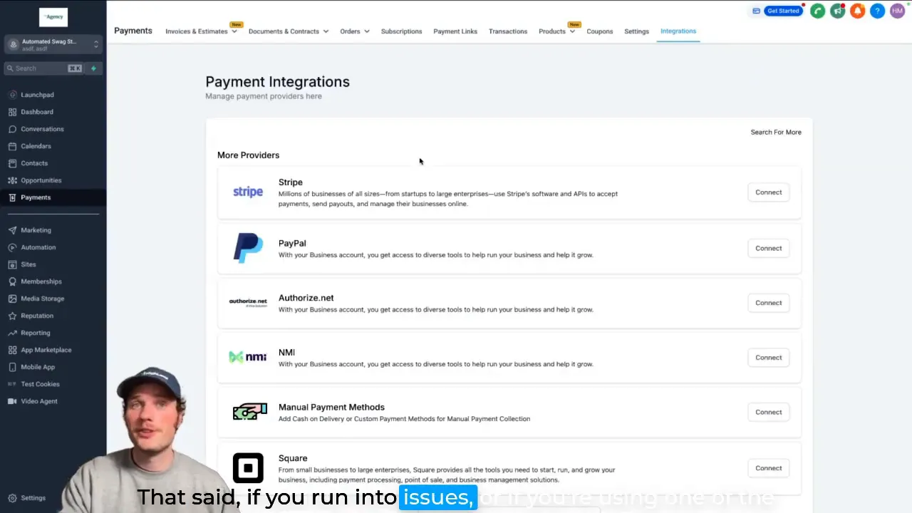 GFunnel payments integration dashboard showing Stripe connection