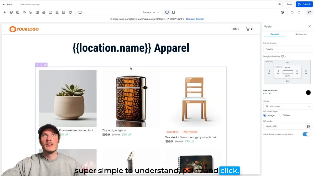 GFunnel store customization interface showing product list and subaccount merge field