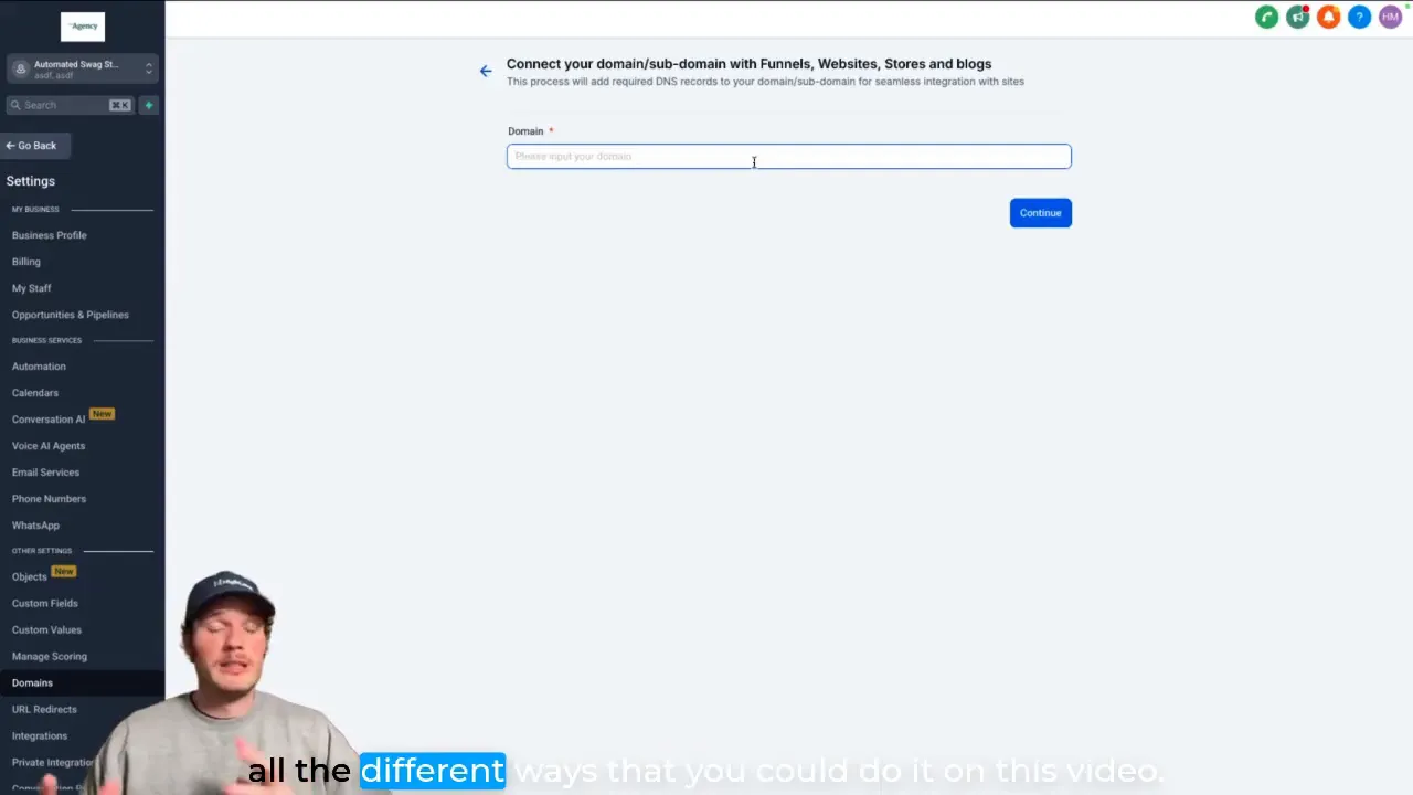 GFunnel domain connection settings with root and subdomain options